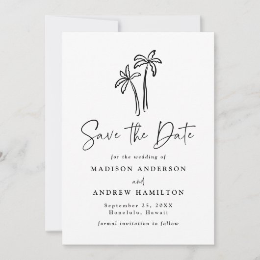 Moderne handgetekende palmbomen Fotobruiloft Save The Date (Voorkant)