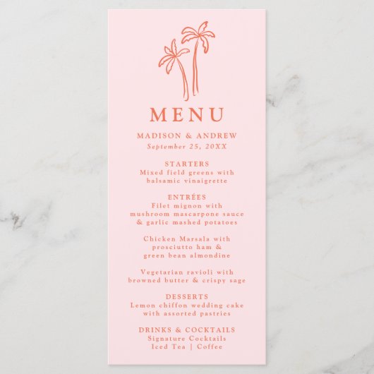 Moderne handgetekende palmbomen Roze bruiloft Menu (Voorkant)