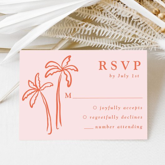 Moderne handgetekende palmbomen Roze bruiloft RSVP Kaartje