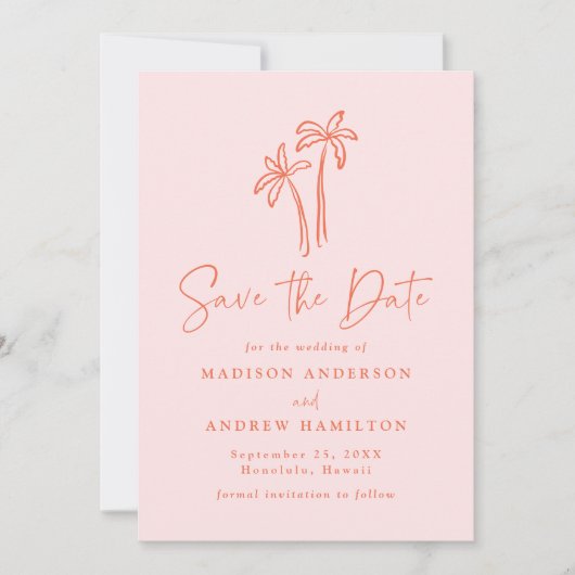 Moderne handgetekende palmbomen Roze foto bruiloft Save The Date (Voorkant)