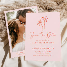 Moderne handgetekende palmbomen Roze foto bruiloft Save The Date