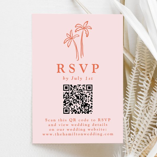 Moderne handgetekende palmbomen Roze QR-code bruil RSVP Kaartje