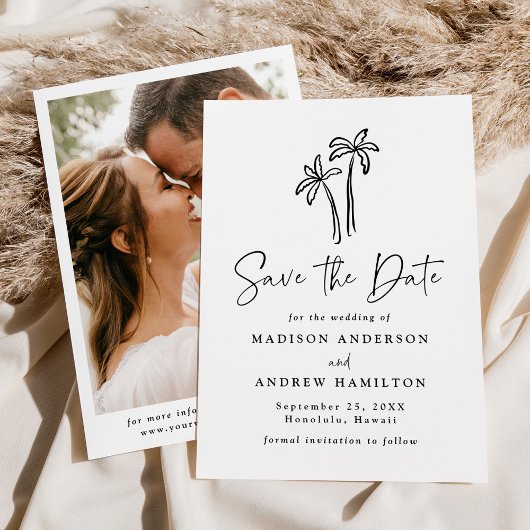 Moderne handgetekende palmboom foto bruiloft save the date