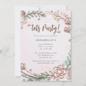 Moderne, handgetekende, Patel roze bloem uitnodigi (Voorkant)