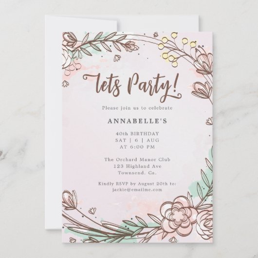 Moderne, handgetekende, Patel roze bloem uitnodigi (Voorkant)