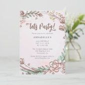 Moderne, handgetekende, Patel roze bloem uitnodigi (Staand voorkant)