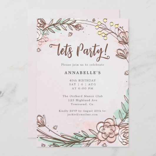 Moderne, handgetekende, Patel roze bloem uitnodigi (Voorkant / Achterkant)