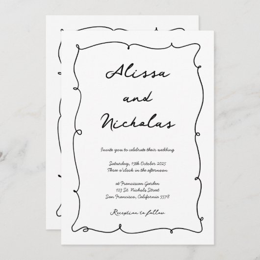 Moderne Handgetekende Rand & Script Monogram Huwel Kaart (Voorkant / Achterkant)