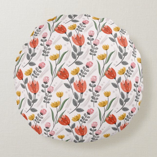 Moderne handgetekende tulpen rond kussen (Voorkant)