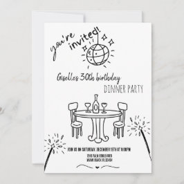 Moderne handgetekende verjaardags dinerfeest uitno kaart