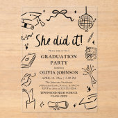 Moderne Handgetekende Ze heeft het gedaan Afstudee Acryl Uitnodigingen (Voorkant)