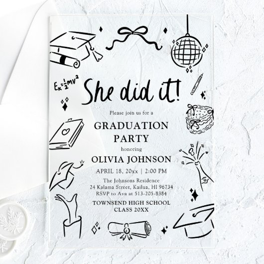 Moderne Handgetekende Ze heeft het gedaan Afstudee Acryl Uitnodigingen