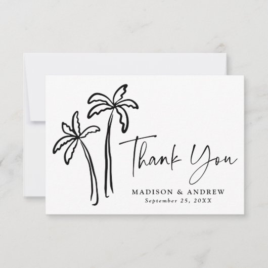 Moderne handgetekende zwarte palmbomen bruiloft bedankkaart (Voorkant)