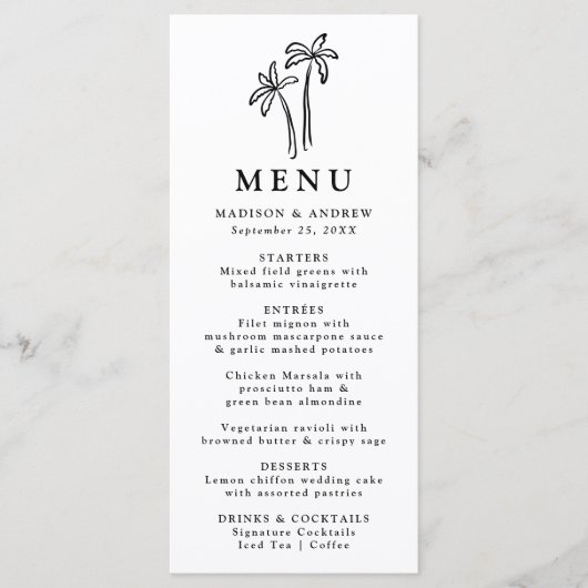 Moderne handgetekende zwarte palmbomen bruiloft menu (Voorkant)
