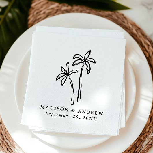 Moderne handgetekende zwarte palmbomen bruiloft servet