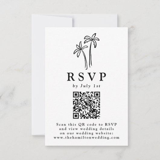 Moderne handgetekende zwarte palmbomen QR-code bru RSVP Kaartje (Voorkant)