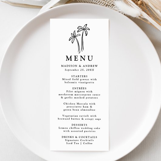 Moderne Handgetekende Zwarte Palmboom Huwelijk Menu
