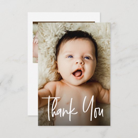 Moderne Handlettering 2 foto's Klein Baby shower Bedankkaart (Voorkant / Achterkant)