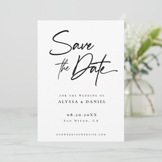 Moderne handlettering aangepaste foto minimalist save the date (Staand voorkant)