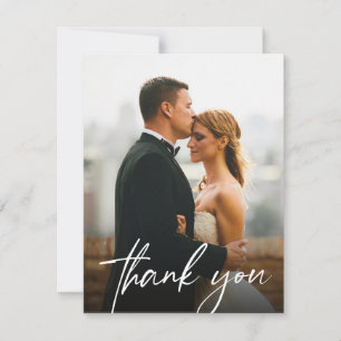 Moderne handlettering aangepaste trouwfoto eenvoud bedankkaart