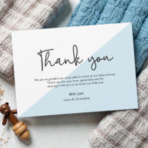 Moderne handlettering baby shower blauw bedankt