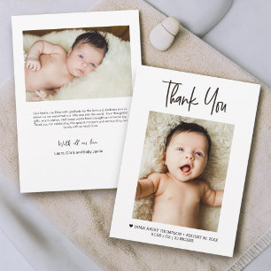 Moderne handlettering babyfoto's Geboortegegevens Bedankkaart