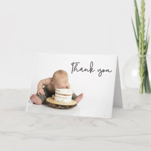 Moderne handlettering Foto Eerste verjaardag babyj Bedankkaart