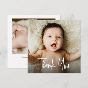 Moderne handlettering op maat 2 foto's baby shower bedankkaart