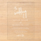 Moderne handlettering script witte trouw acryl uitnodigingen (Voorkant)