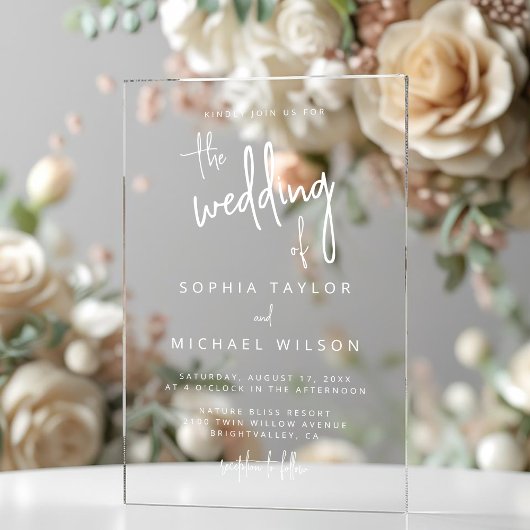 Moderne handlettering script witte trouw acryl uitnodigingen