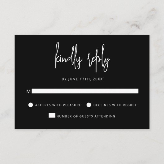Moderne handlettering script zwart-wit bruiloft RSVP kaartje (Voorkant)