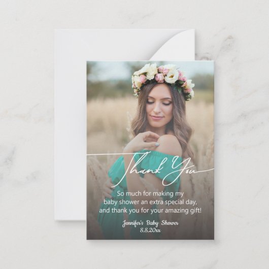 Moderne handschrift baby shower foto Dank u Notitiekaartje (Voorkant)