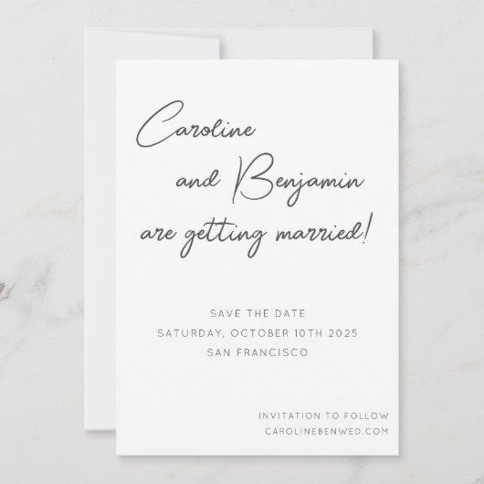 Moderne handschrift bruiloft wit zwart save the date (Voorkant)