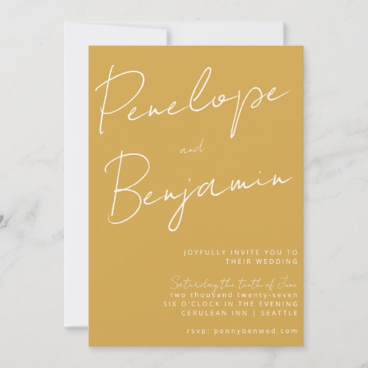 Moderne handschrift met dusty Yellow Wedding Kaart (Voorkant)