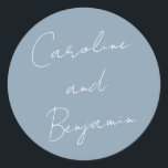 Moderne handschrift robuuste blauwe bruiloft ronde sticker<br><div class="desc">Moderne handschrift robuuste blauwe bruiloft Klassieke ronde Sticker voor script</div>