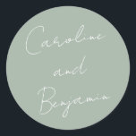 Moderne handschrift Wedding Dusty Sage Ronde Sticker<br><div class="desc">Moderne handschrift Wedding Boho Dusty Sage Green Classic Round Sticker</div>