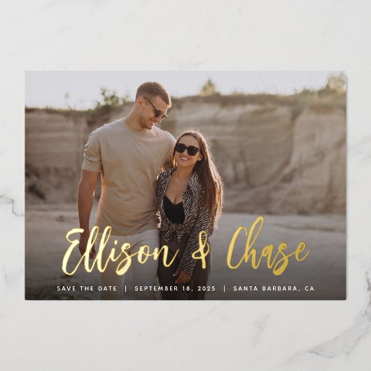 Moderne handtekening | Enige Foto slaat de datum o Folie Uitnodiging (Voorkant)