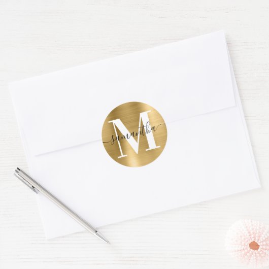 Moderne handtekening Monogram Gold Foil Ronde Sticker (Envelop)
