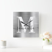 Moderne handtekening monogram zilverfolie vierkante klok (Huis)
