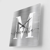 Moderne handtekening monogram zilverfolie vierkante klok (Hoek)
