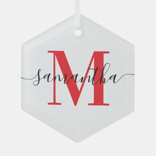 Moderne handtekening rode monogram glas ornament (Voorkant)