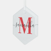 Moderne handtekening rode monogram glas ornament (Voorkant links)
