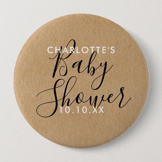 Moderne handtekening script baby shower rustiek kr ronde button 4,0 cm (Voorkant)