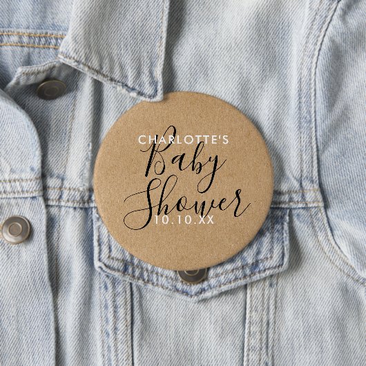 Moderne handtekening script baby shower rustieke k ronde button 4,0 cm (In situ)