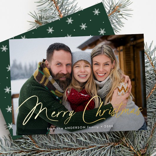 Moderne handtekening script kerst groene foto folie feestdagenkaart