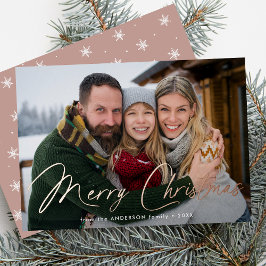 Moderne handtekening script kerst stoffige roos fo folie feestdagenkaart