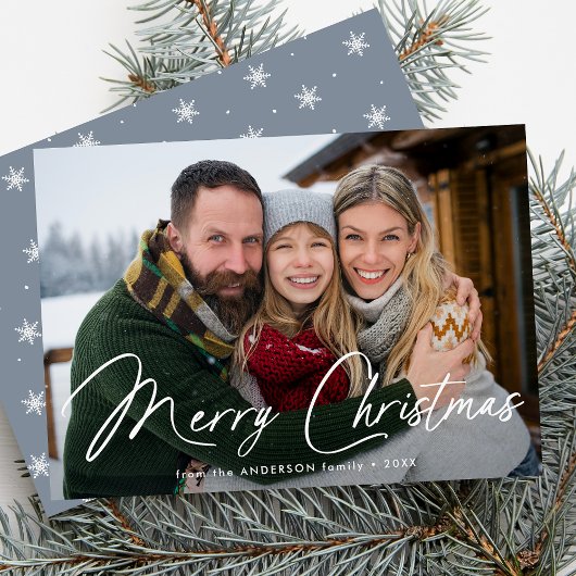 Moderne handtekening script Kerstmis Ijsblauw Foto Feestdagenkaart