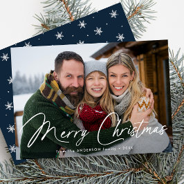 Moderne handtekening script Kerstmis Navy Foto Feestdagenkaart