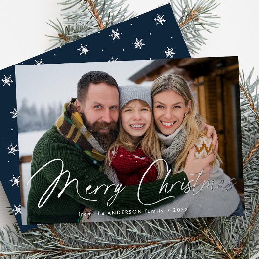 Moderne handtekening script Kerstmis Navy Foto Folie Feestdagenkaart
