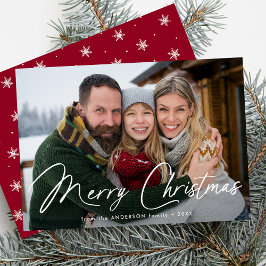 Moderne handtekening script Kerstmis Rood Foto Feestdagenkaart